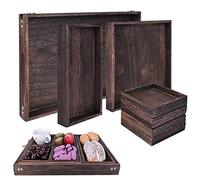 Wood Serving Tray with Handles, Set of 7 Rectangular Wooden Nesting Multipurpose Trays, Decorative Serving Trays Platter for Breakfast in Bed, Lunch, Dinner, Patio, Ottoman, Coffee Table, Party