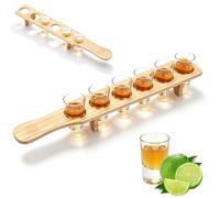 Wood Shot Glass Serving Tray 6-Hole Rustic Pine Wood Drink Holder Board for Cocktails & Tequila 43cm Long Flight Paddle with Handles for Home Restaurant Bar, Party & Pub (Glasses Not Included)