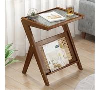 Wood Side Table, End Table with Plastic Rattan Net, Tables Glass Top, Bedside Storage, Mid Century Nightstand for Living Room, Bedroom, Small Space(Brown,17.7 * 14.2 * 22in)