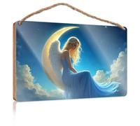 Wood Sign Decor Angel Sitting On The Moon in A Blue Dress Wooden Sign Pool Decor Front Door Sign Funny(20X30CM)