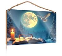 Wood Sign Decor Magical Night: Moonlight, Candle, and Owl Wooden Sign Pool Decor Front Door Sign Funny(20X30CM)