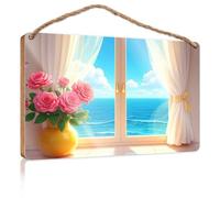 Wood Sign Decor Ocean View from The Window with Roses Wooden Sign Pool Decor Front Door Sign Funny(23X35CM)