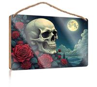 Wood Sign Decor Skull and Roses Under The Full Moon Wooden Sign Pool Decor Front Door Sign Funny(20X30CM)