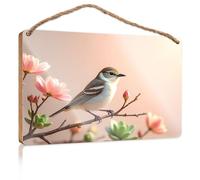 Wood Sign Hanging Plaque A Bird Perches On A Branch Adorned with Pink Flowers Fall Outdoor Decor Back Yard Decorations(20X30CM)