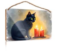 Wood Sign Hanging Plaque A Black Cat with Glowing Eyes Sits Beside Two Lit Candles Hanging Bathroom Sign Entryway Decor(23X35CM)