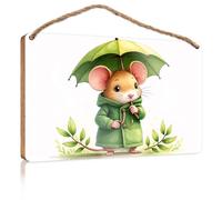 Wood Sign Hanging Plaque A Cute Mouse Wearing A Green Coat Holds an Umbrella Fall Outdoor Decor Back Yard Decorations(15X28CM)