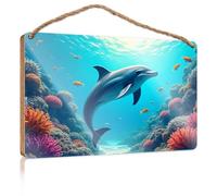 Wood Sign Hanging Plaque A Dolphin Swims Gracefully Among Colorful Coral Reefs Hanging Bathroom Sign Entryway Decor(15X28CM)