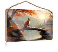 Wood Sign Hanging Plaque A Fox Sits On A Wooden Bridge in an Autumn Landscape Fall Outdoor Decor Back Yard Decorations(15X28CM)