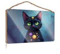 Wood Sign Hanging Plaque A Magical Black Cat with Cosmic Symbols Fall Outdoor Decor Back Yard Decorations(20X30CM)