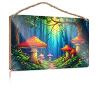 Wood Sign Hanging Plaque A Magical Forest with Colorful Mushrooms Fall Outdoor Decor Back Yard Decorations(23X35CM)