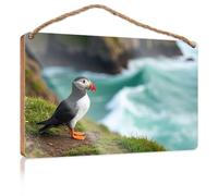 Wood Sign Hanging Plaque A Puffin Stands On A Grassy Cliff Overlooking The Ocean Fall Outdoor Decor Back Yard Decorations(20X30CM)
