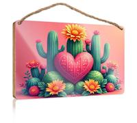 Wood Sign Hanging Plaque A Vibrant Heart Surrounded by Cacti and Flowers Hanging Bathroom Sign Entryway Decor(23X35CM)