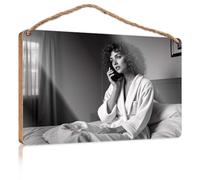 Wood Sign Hanging Plaque A Woman in A Robe Sits On A Bed, Talking On Her Phone Fall Outdoor Decor Back Yard Decorations(15X28CM)