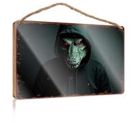 Wood Sign Hanging Plaque Dinosaur Mask with Red Eyes Fall Outdoor Decor Back Yard Decorations(15X28CM)