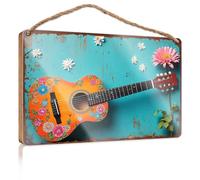 Wood Sign Hanging Plaque Floral Acoustic Guitar with Vibrant Colors Fall Outdoor Decor Back Yard Decorations(20X30CM)