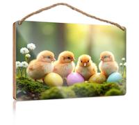 Wood Sign Hanging Plaque Four Chicks with Colorful Easter Eggs in A Garden Hanging Bathroom Sign Entryway Decor(15X28CM)
