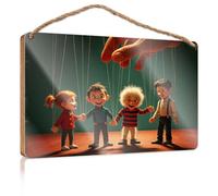 Wood Sign Hanging Plaque Four Children Controlled By Strings, Puppet Show Fall Outdoor Decor Back Yard Decorations(20X30CM)