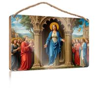 Wood Sign Hanging Plaque Saintly Figures Gather in an Ornate Archway, Surrounded by Nature and Celestial Beings Hanging Bathroom Sign Entryway Decor(23X35CM)
