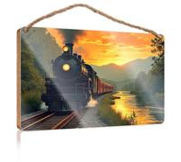 Wood Sign Hanging Plaque Steam Train Journeying Through Scenic Sunset Landscape Fall Outdoor Decor Back Yard Decorations(23X35CM)