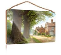 Wood Sign Hanging Plaque Tree-Lined Street with Brick Houses Fall Outdoor Decor Back Yard Decorations(15X28CM)