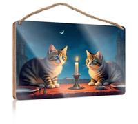 Wood Sign Hanging Plaque Two Cats Sitting At A Table with A Candle Between Them Fall Outdoor Decor Back Yard Decorations(23X35CM)