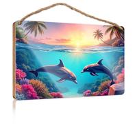 Wood Sign Hanging Plaque Two Dolphins Swimming in Colorful Coral Reefs with Palm Trees On The Shore Hanging Bathroom Sign Entryway Decor(23X35CM)