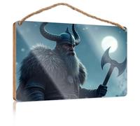 Wood Sign Hanging Plaque Viking Warrior with Horned Helmet Holding Axe Under Moonlight Hanging Bathroom Sign Entryway Decor(23X35CM)