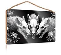 Wood Sign Hanging Plaque Wolf Skulls Surrounded By Intricate Floral Patterns Fall Outdoor Decor Back Yard Decorations(15X28CM)