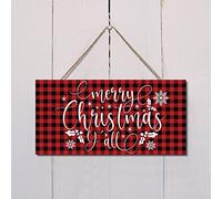 Wood Sign Merry Christmas Y'all Bedroom Wall Decor Wooden Kitchen Decor Sign Red and Black Buffalo Check Plaid Snowflake Vintage Wall Door Art Sign Hanging Wood Sign for Home Or Office Decor 6x12in