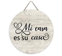 Wood Sign Mi Casa ES Su Casa Round Sign Wood Home Decor Sign for Front Porch, Office, Business, Weddings Hanging Wall Decor Farmhouse Porch Decorations 12"x12"