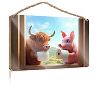 Wood Sign Plaque A Cow And A Pig Look Out Of A Window, Each Holding A Roll Of Toilet Paper Wooded Sign Outdoor Wall Decor Restroom Decor(15X28CM)