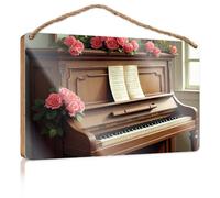 Wood Sign Plaque A Piano Adorned With Pink Roses And Sheet Music Wooded Sign Outdoor Wall Decor Restroom Decor(15X28CM)