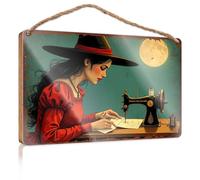 Wood Sign Plaque A Woman In A Red Dress Sews Under A Full Moon Wooded Sign Outdoor Wall Decor Restroom Decor(23X35CM)