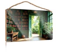 Wood Signs Decor A Cozy Library with an Open Door Leading to A Lush Garden Wooded Sign Office Decor for Wall Funny Box Signs(15X28CM)