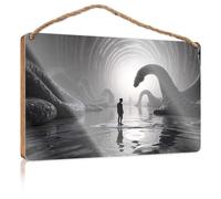 Wood Signs Decor A Man Stands In Water Facing A Giant Serpent-Like Creature Wooded Sign Office Decor For Wall Funny Box Signs(20X30CM)