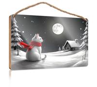 Wood Signs for Home Decor A White Cat Wearing A Red Scarf Sits in A Snowy Landscape Under A Full Moon Wooded Sign Door Decor Sign Restroom Decor(23X35CM)