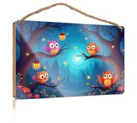 Wood Signs for Home Decor Four Colorful Owls Sit On Branches in A Magical Forest Wooded Sign Door Decor Sign Restroom Decor(23X35CM)