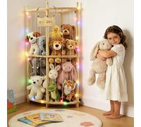 Wood Soft Toy Storage with LED Light Stuffed Animal Storage Organizer 2-Storey Soft Teddy Bear storage Holder Large Plush Toy Storage Zoo for Baby Kids Nursery Rooms Bedrooms Living Room Corner