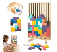 Wood Stacking Puzzle Toy, 3D Montessori Wooden Stacking Blocks, Russian Blocks Game with 10 Cards, Colorful Geometric Builiding Toy, Stress Relief Puzzle Board Tetris Brain Teaser Game for Kids Adults