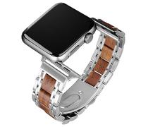 Wood & Stainless Steel Band Compatible With Apple Watch 45mm 44mm 42mm SE Series 4 5 6 7, Wooden Link Watch Strap For Men