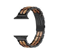 Wood & Stainless Steel Band Compatible With Apple Watch 45mm 44mm 42mm SE Series 4 5 6 7, Wooden Link Watch Strap For Men