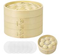 Wood Steamer, 8.3 in 2-Tier Bamboo Steamer Basket with 6 Silicone Liners,Handmade Dim Sum Food Steamers for Cooking Dumplings Buns Vegetables and Fish,Bao Buns,Dumpling, Rice