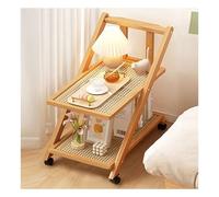 Wood Storage Trolley with Rattan Top and Foldable Side Table on Wheels
