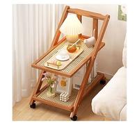 Wood Storage Trolley with Rattan Top and Foldable Side Table on Wheels