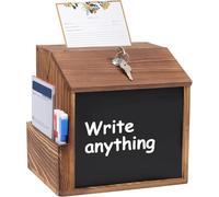 Wood Suggestion Box, Charity Collection Donation Box with Lock and Slot, Ballot Boxes with Writing Chalkboard and 3 Pen, Lockable Tip Money Drop Ballot Box for Wedding Church Classroom,8.2x7.8 x6.5In