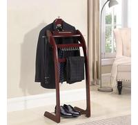 Wood Suit Valet Stand - Solid Wood Clothes Rack with Trouser Bar Tie Rack & Shoe Shelf - Freestanding for Bedroom Bathroom or Office Storage Solutions