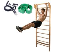 Wood Swedish Ladder with 11 Strategic Rods,Withstands up to 330 lbs,Stall Bar,Include Exercise Straps+Pull-Up Resistance Band+Pull-Up Bar,31.5”*86.6”,Wall Mounted,Stretching and Various Exercises