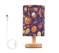 Wood Table Lamp Linen Fabric Lights with USB for Dorm, Living Room, Office, Kids Room, Nursery, All Saints' Day Happy Halloween Candy
