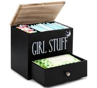 Wood Tampon Holder for Bathroom - Feminine Product Organizer with 3-Tier Compartments, Pad and Tampon Organizer with Drawer, Flip-Top Lid for Easy Access, 9.4 x 5.6 x 8.9 in