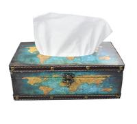 Wood Tissue Box Cover with PU Leather & Vintage Pattern - Rectangle Decorative Tissue Holder for Home, Car, Office, Bathroom, Desk - Fits Standard Medium Tissues with Lid (Green Map)